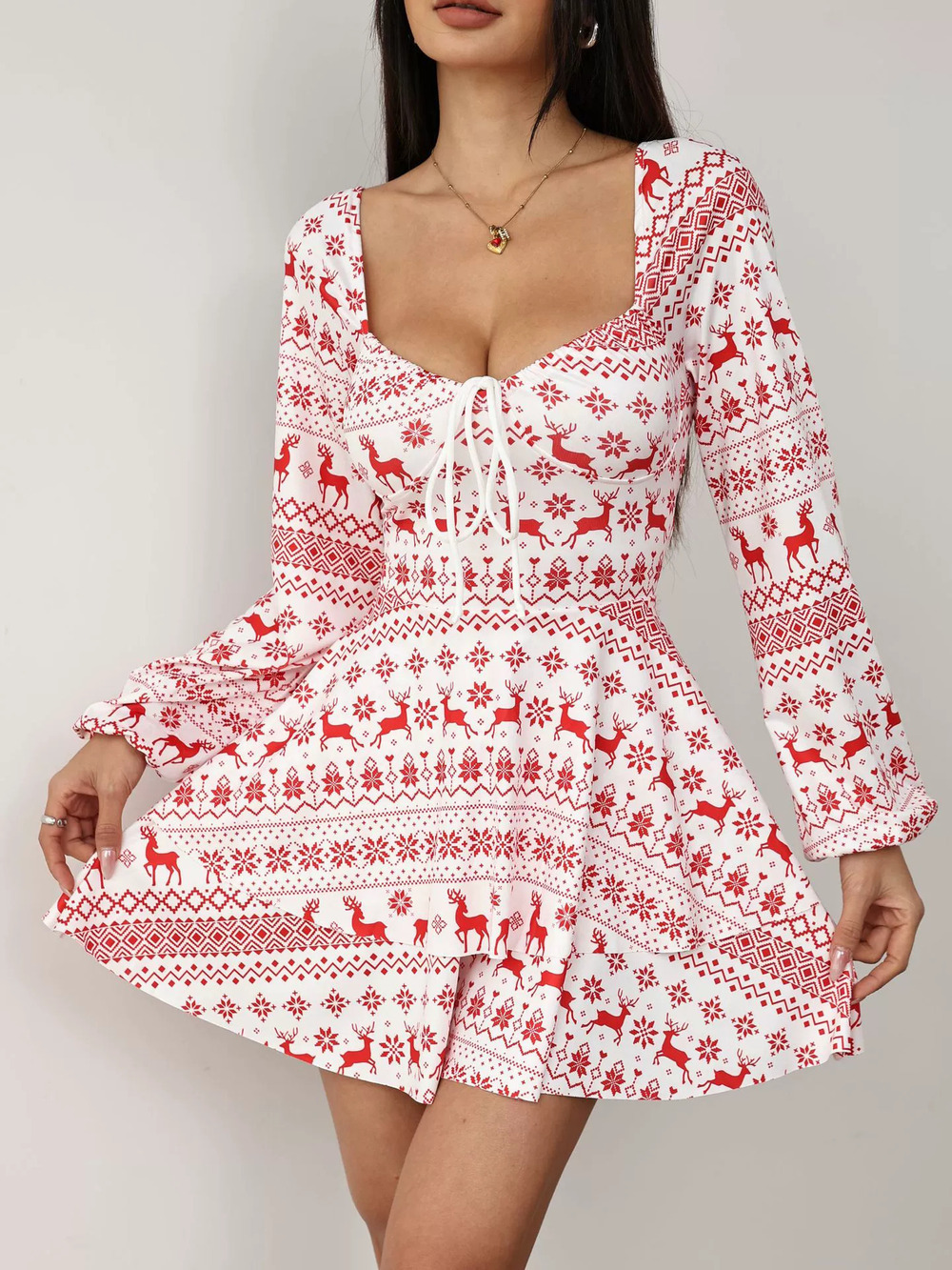 Zara Christmas Print Drawstring Backless Long Sleeve Jumpsuit Winter